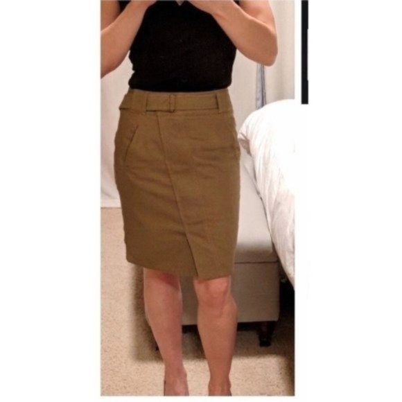 Ann Taylor LOFT Womens Pencil Skirt Size 00 Khaki Tan Belted - Picture 1 of 10
